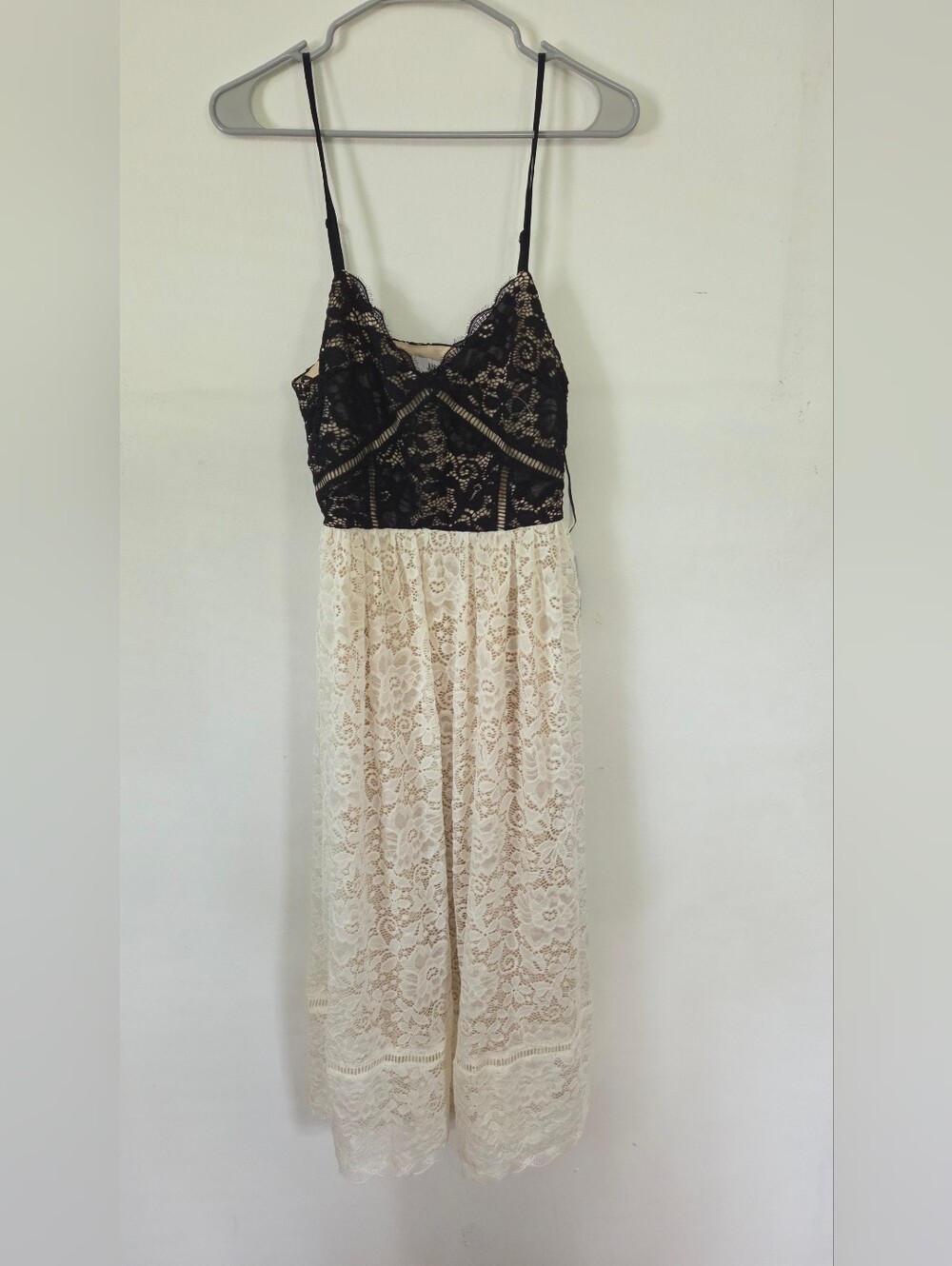 Napean Sea Road Lace Two-Tone Slip Dress with Black Bodice and Cream Skirt